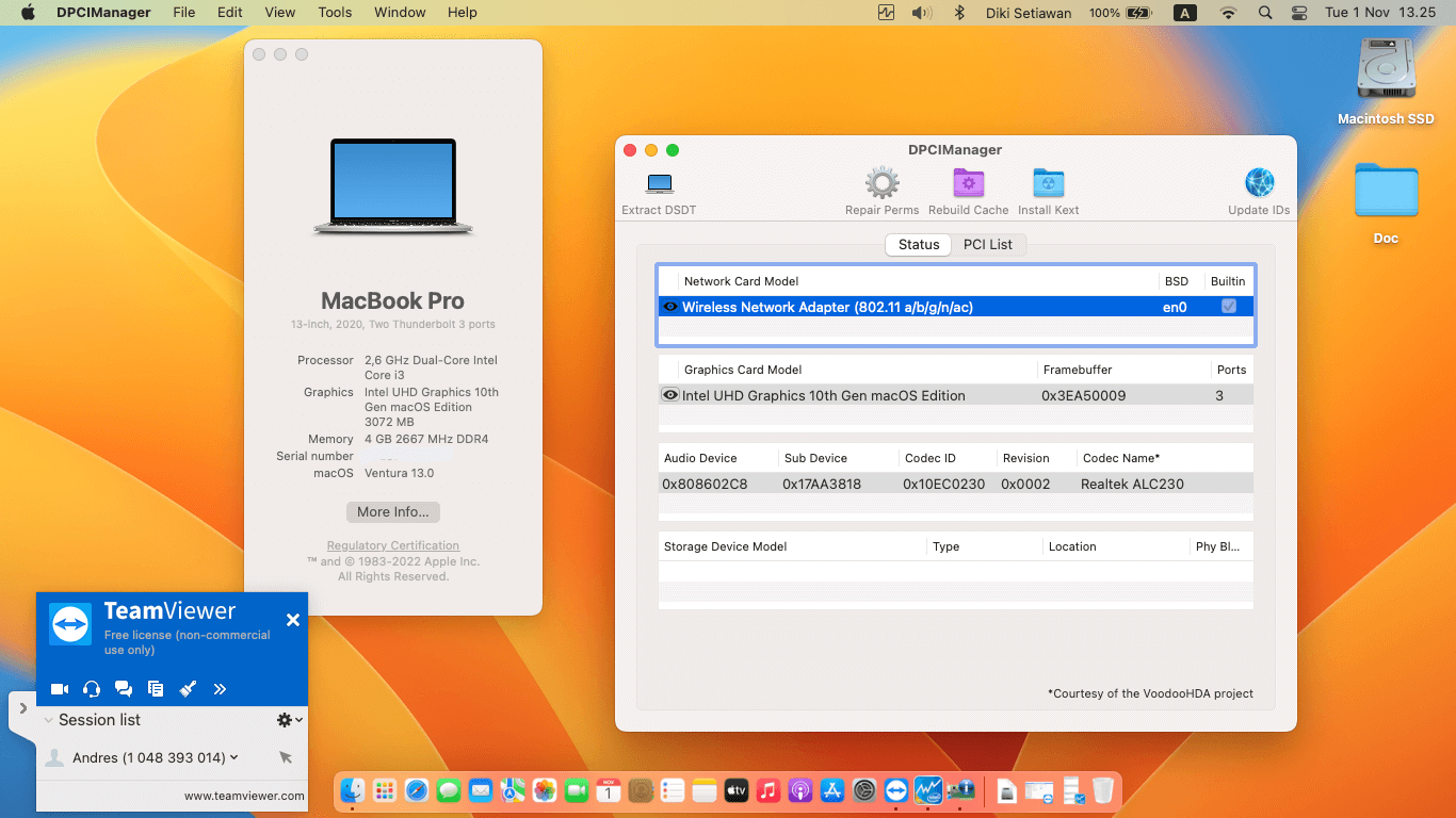 Success Hackintosh macOS Ventura 13.0 Build 22A380 in Lenovo IdeaPad Slim 3 15IML05